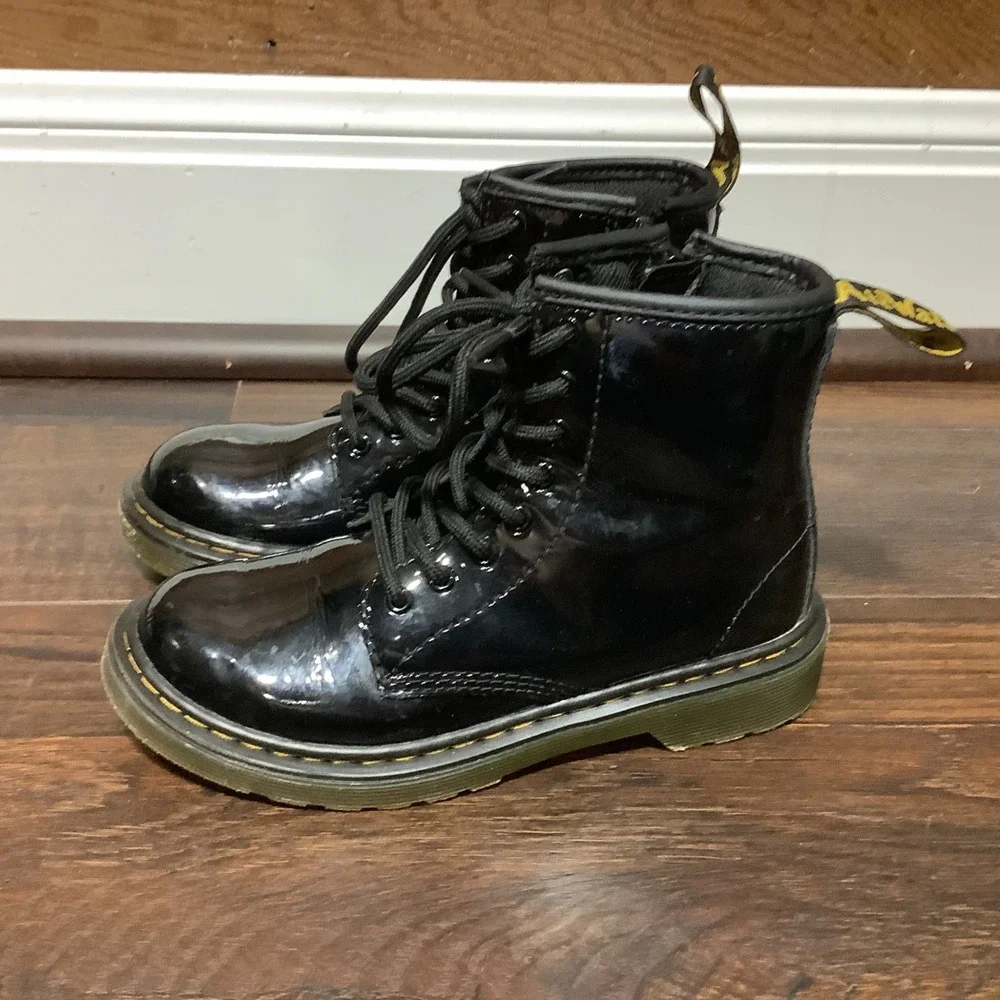 Dr. Martens 1460 J Kids Black Patent Leather Lace Up Zip Combat Boots Size 1 US